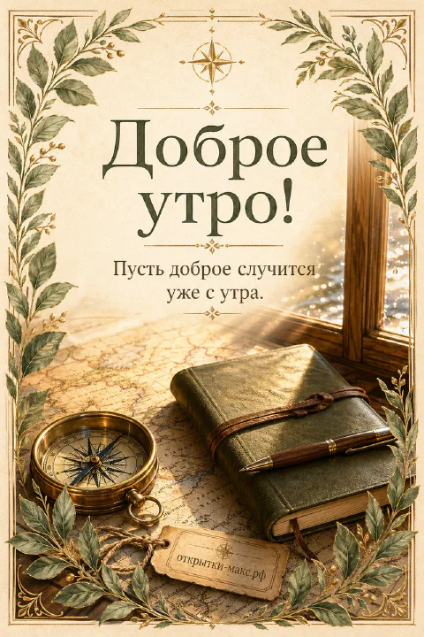 Латунный компас и кожаный блокнот с пером на старинной карте мира в окружении листьев