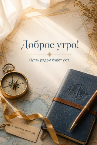 Латунный компас, тёмно-синий кожаный блокнот с пером и бумажной биркой на старой бежевой карте