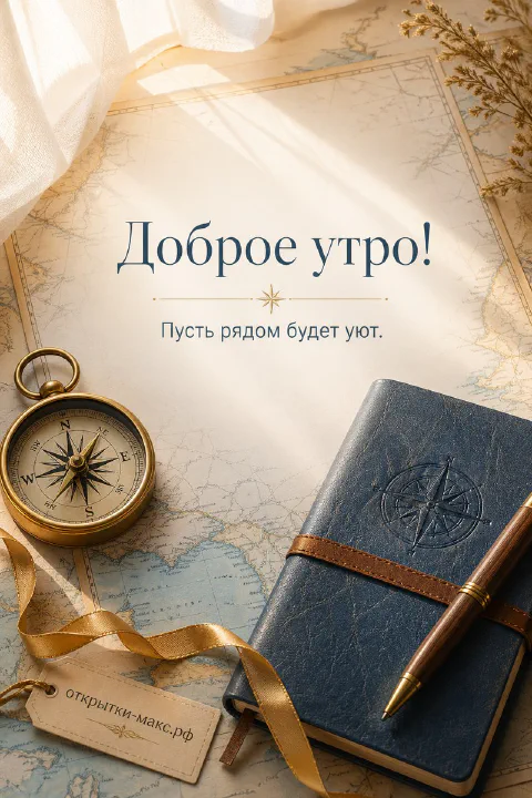 Латунный компас, тёмно-синий кожаный блокнот с пером и бумажной биркой на старой бежевой карте