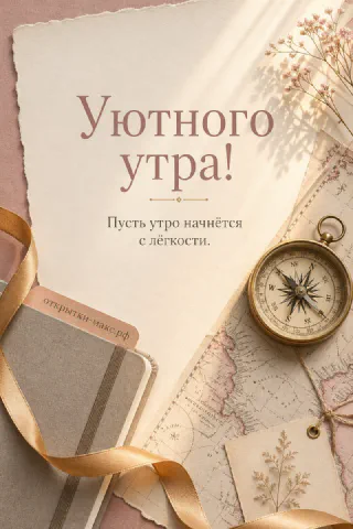 Латунный компас лежит на старой карте рядом с блокнотом, золотой лентой и веточкой сухоцветов на бежевой поверхности