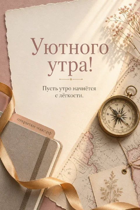 Латунный компас лежит на старой карте рядом с блокнотом, золотой лентой и веточкой сухоцветов на бежевой поверхности