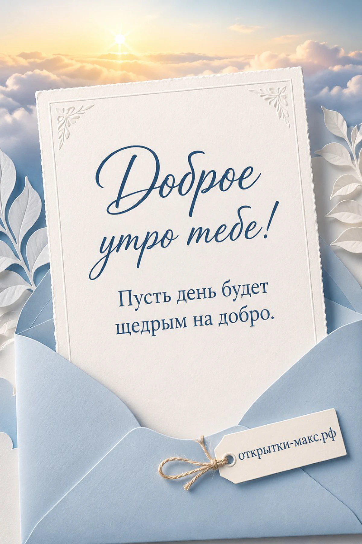 Голубой конверт с белой карточкой над облаками и солнцем, надпись «Доброе утро тебе!»