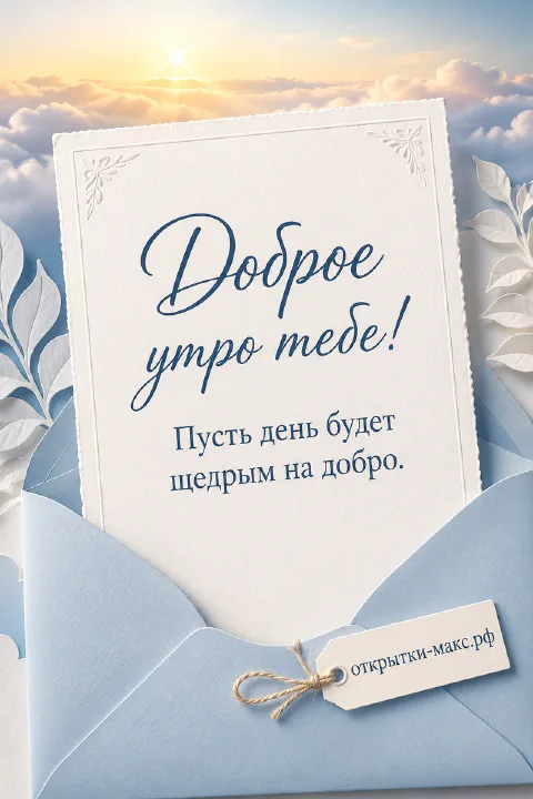 Голубой конверт с белой карточкой над облаками и солнцем, надпись «Доброе утро тебе!»