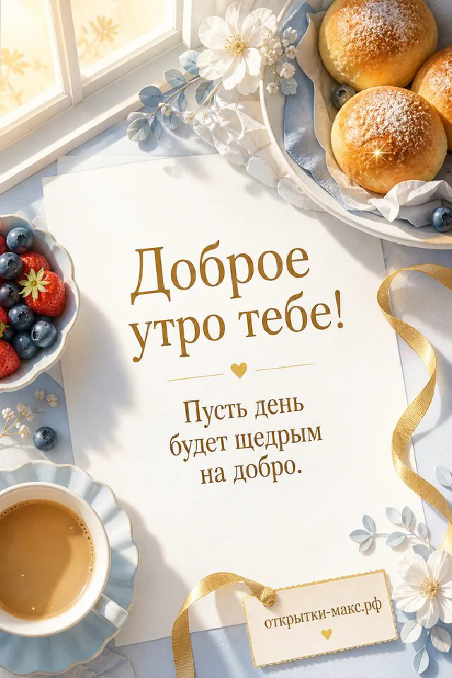 Голубой конверт с белой карточкой над облаками и солнцем, надпись «Доброе утро тебе!» — вариант 2