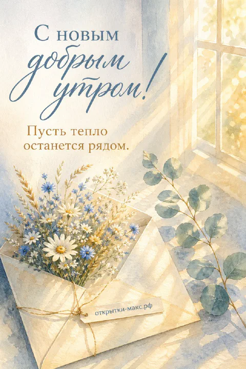Акварельный конверт с букетом ромашек и васильков на светлом подоконнике у окна, открытка «С добрым утром»