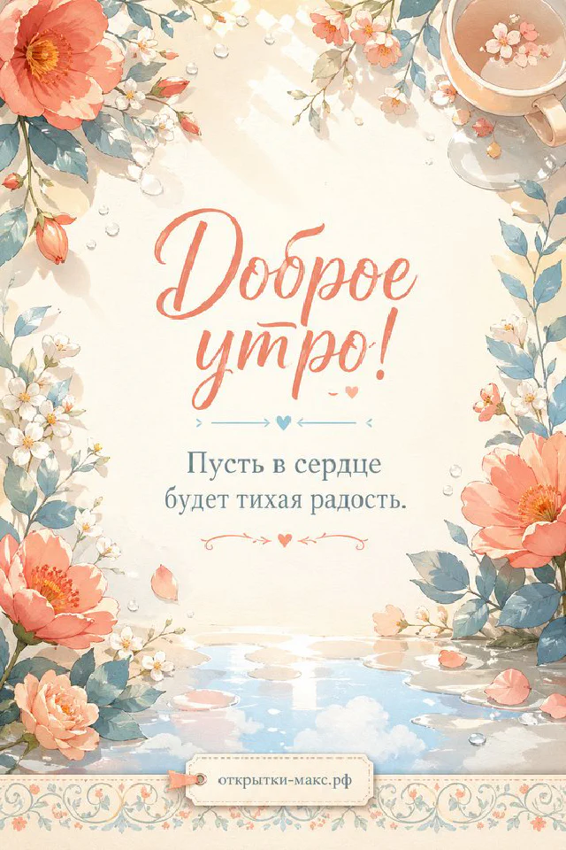Акварельная открытка «Доброе утро» с письмом, розовым конвертом, букетом полевых цветов и рассветом над морем — вариант 3