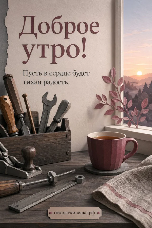 Акварельная открытка «Доброе утро» с письмом, розовым конвертом, букетом полевых цветов и рассветом над морем — вариант 4