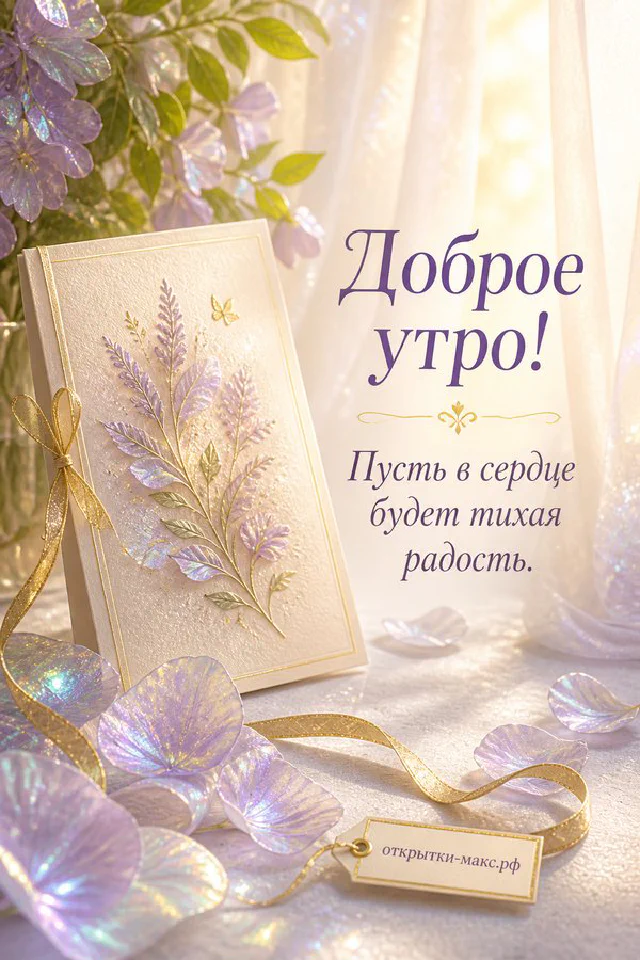 Акварельная открытка «Доброе утро» с письмом, розовым конвертом, букетом полевых цветов и рассветом над морем — вариант 5