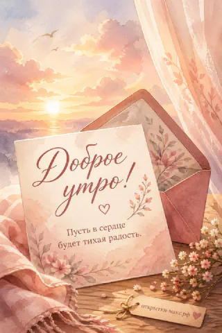Акварельная открытка «Доброе утро» с письмом, розовым конвертом, букетом полевых цветов и рассветом над морем
