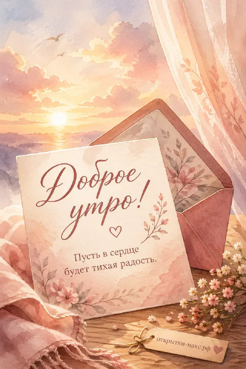 Акварельная открытка «Доброе утро» с письмом, розовым конвертом, букетом полевых цветов и рассветом над морем