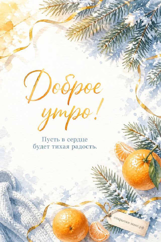 Акварельная открытка «Доброе утро» с письмом, розовым конвертом, букетом полевых цветов и рассветом над морем — вариант 2