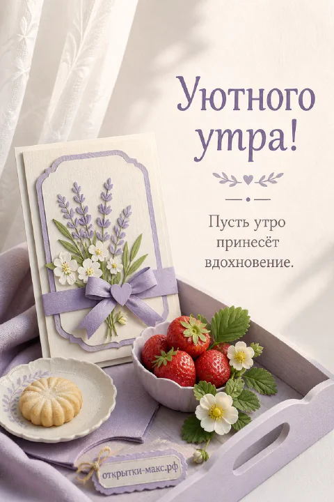 Бумажная открытка с букетом лаванды, миска свежей клубники и круглое печенье на лавандовом подносе