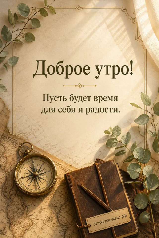 Букет лаванды, конверт с лавандовой иллюстрацией и вязаный плед у окна с каплями дождя, надпись «Доброе утро» — вариант 3