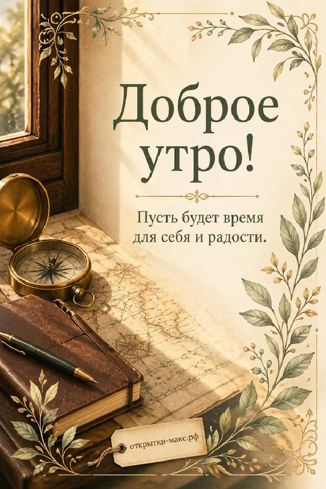 Букет лаванды, конверт с лавандовой иллюстрацией и вязаный плед у окна с каплями дождя, надпись «Доброе утро» — вариант 4