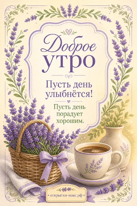 Плетёная корзина с лавандовыми цветами, чашка кофе и декоративная рамка в фиолетово-бежевых тонах