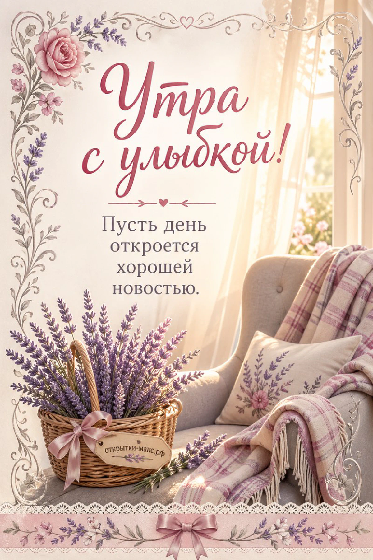 Плетёная корзина со срезанной лавандой стоит у светлого кресла с клетчатым пледом и подушкой, в окно льётся мягкий свет