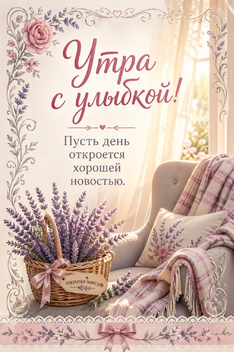 Плетёная корзина со срезанной лавандой стоит у светлого кресла с клетчатым пледом и подушкой, в окно льётся мягкий свет