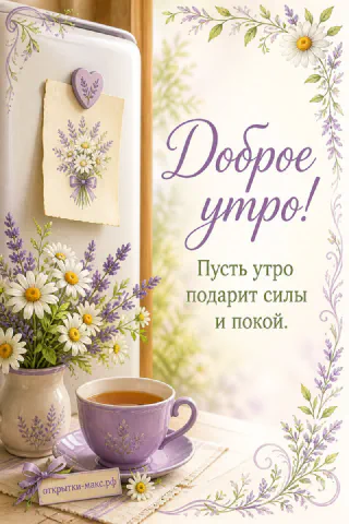 Чашка чая среди лаванды и ромашек на деревянном столе, надпись «Доброе утро»
