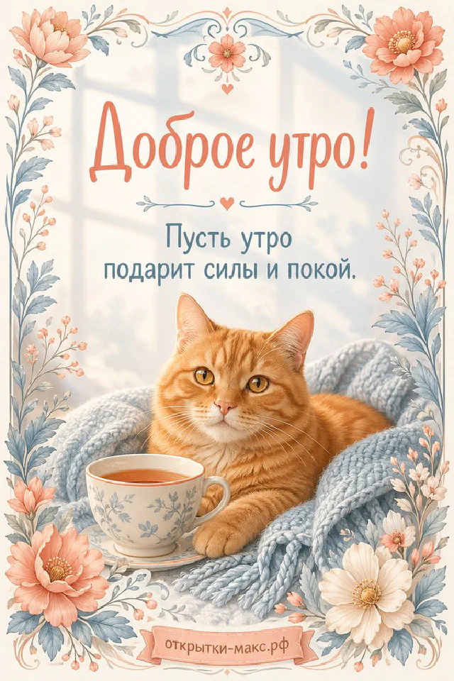 Чашка чая среди лаванды и ромашек на деревянном столе, надпись «Доброе утро» — вариант 5