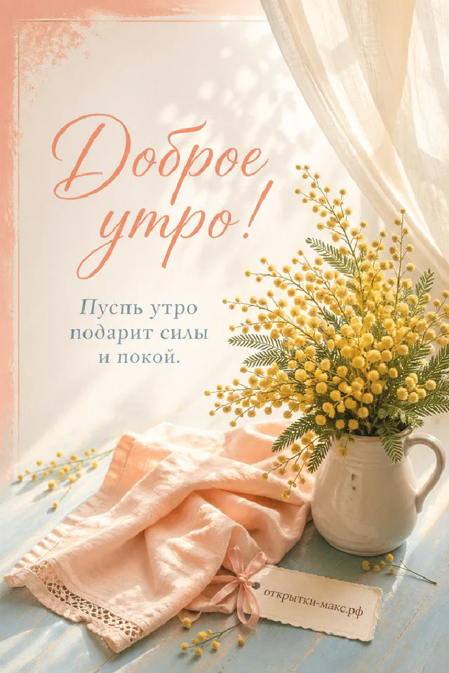 Чашка чая среди лаванды и ромашек на деревянном столе, надпись «Доброе утро» — вариант 6