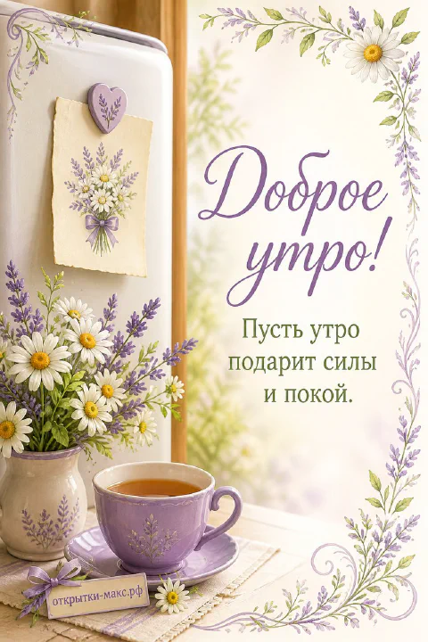 Чашка чая среди лаванды и ромашек на деревянном столе, надпись «Доброе утро»