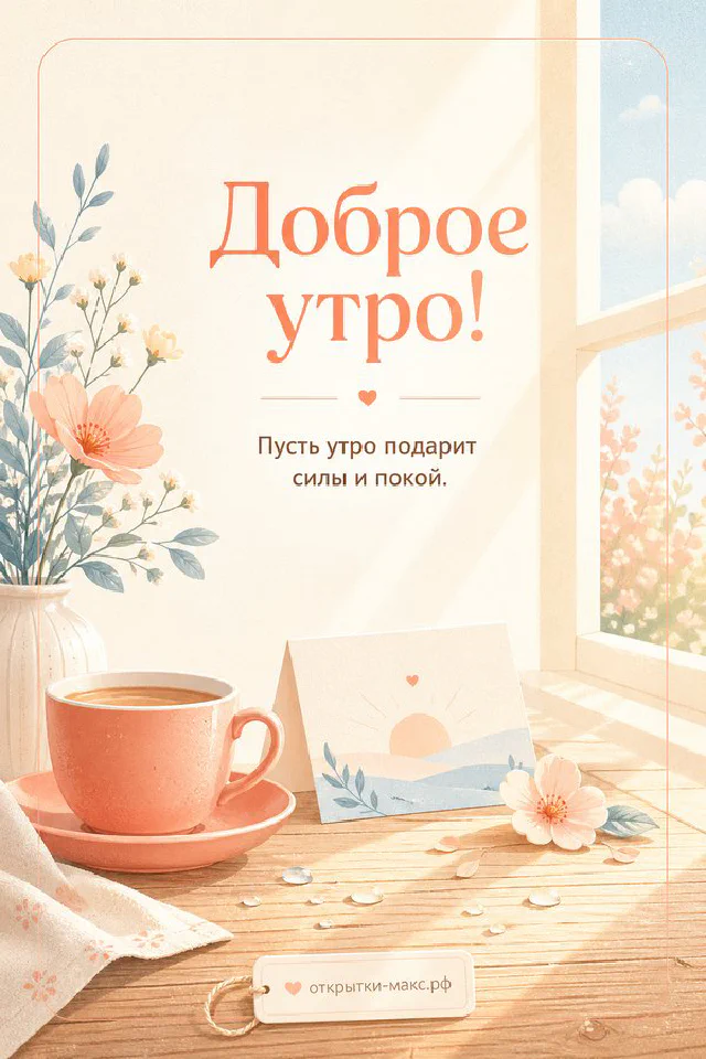 Чашка чая среди лаванды и ромашек на деревянном столе, надпись «Доброе утро» — вариант 2