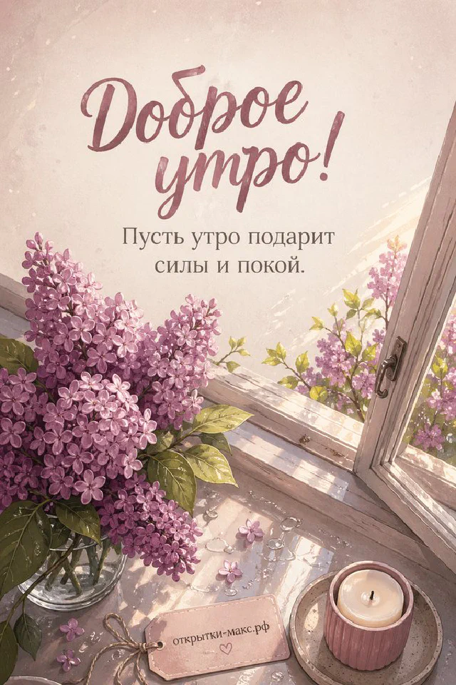 Чашка чая среди лаванды и ромашек на деревянном столе, надпись «Доброе утро» — вариант 4