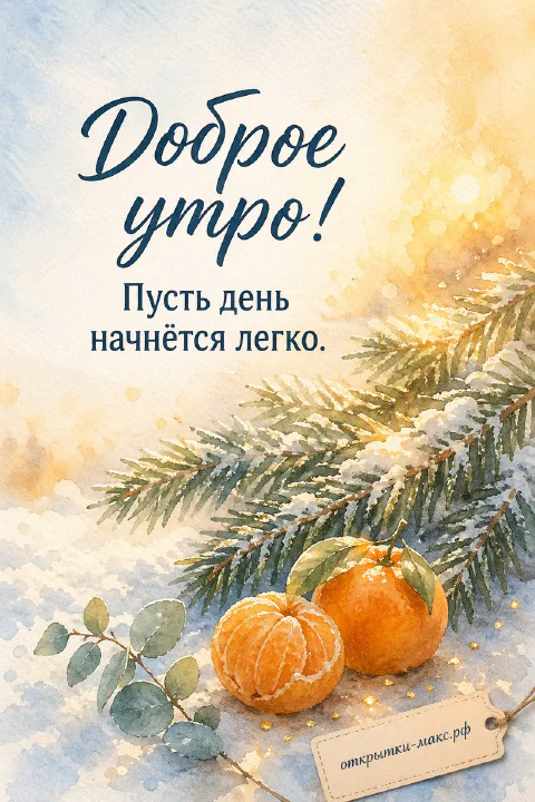 Два мандарина и заснеженные еловые ветки с эвкалиптом на голубовато-белом акварельном фоне с надписью Доброе утро