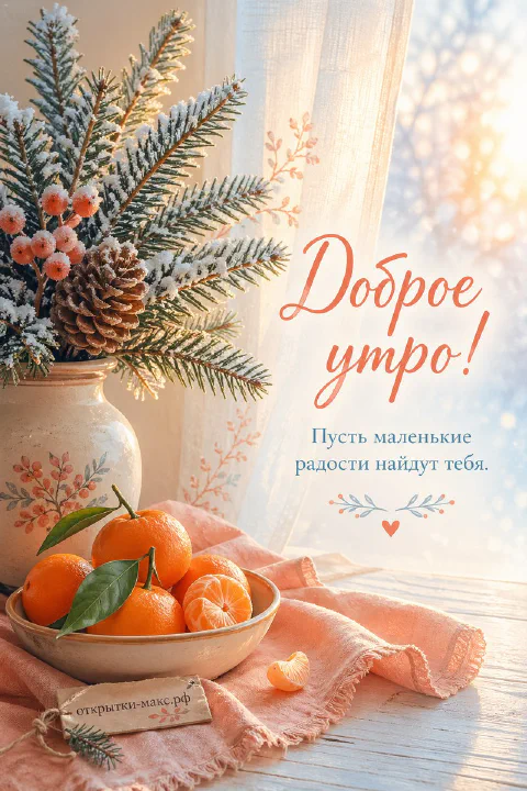 Белая ваза с заснеженными хвойными ветками и шишками, миска мандаринов на розовом платке у морозного окна