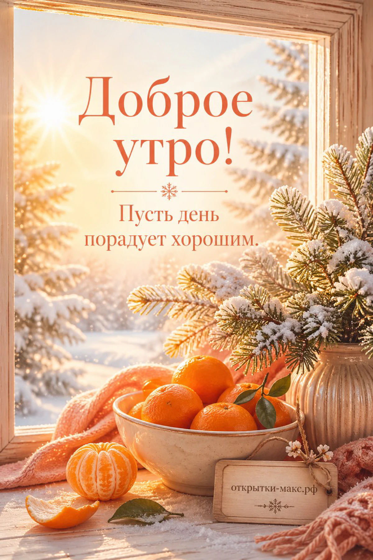 Миска мандаринов, ваза с заснеженными сосновыми ветками и солнечный зимний лес за окном — открытка Доброе утро