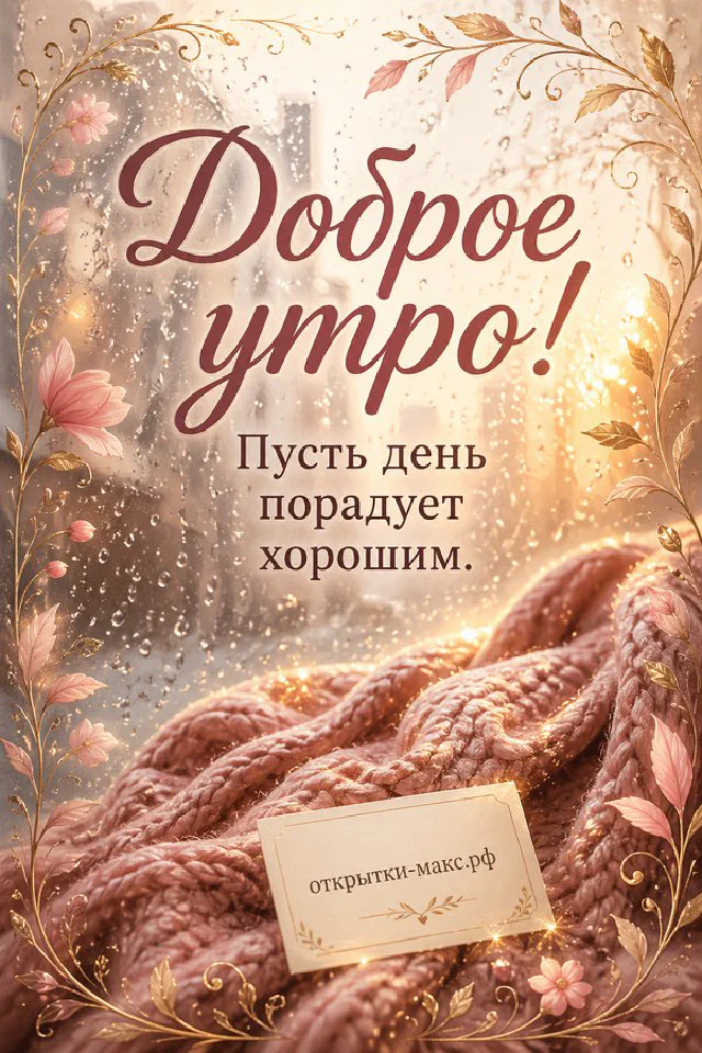 Миска мандаринов, ваза с заснеженными сосновыми ветками и солнечный зимний лес за окном — открытка Доброе утро — вариант 7