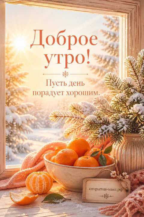 Миска мандаринов, ваза с заснеженными сосновыми ветками и солнечный зимний лес за окном — открытка Доброе утро