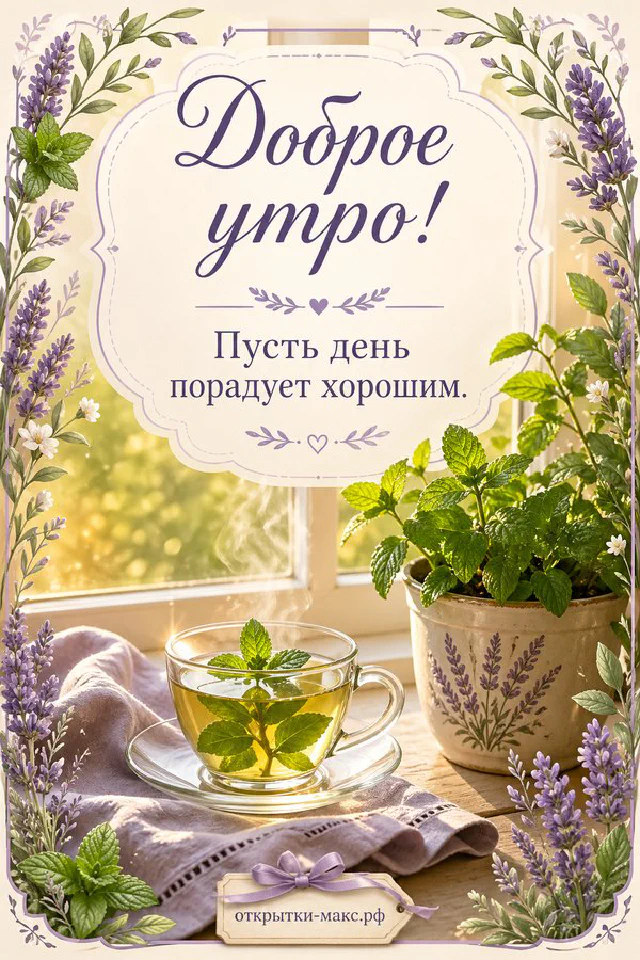 Миска мандаринов, ваза с заснеженными сосновыми ветками и солнечный зимний лес за окном — открытка Доброе утро — вариант 2