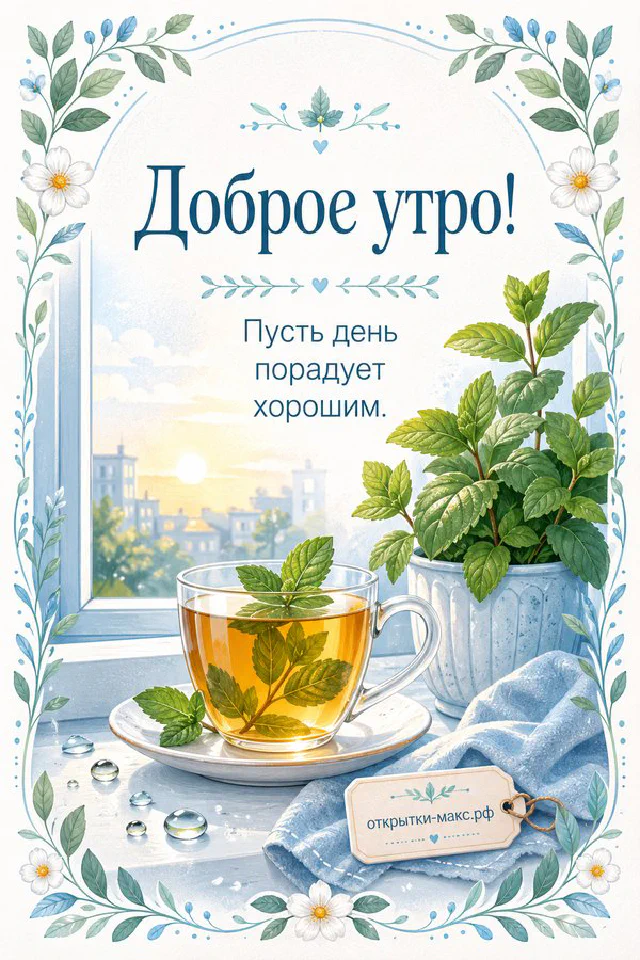 Миска мандаринов, ваза с заснеженными сосновыми ветками и солнечный зимний лес за окном — открытка Доброе утро — вариант 3