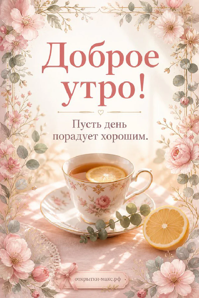 Миска мандаринов, ваза с заснеженными сосновыми ветками и солнечный зимний лес за окном — открытка Доброе утро — вариант 4