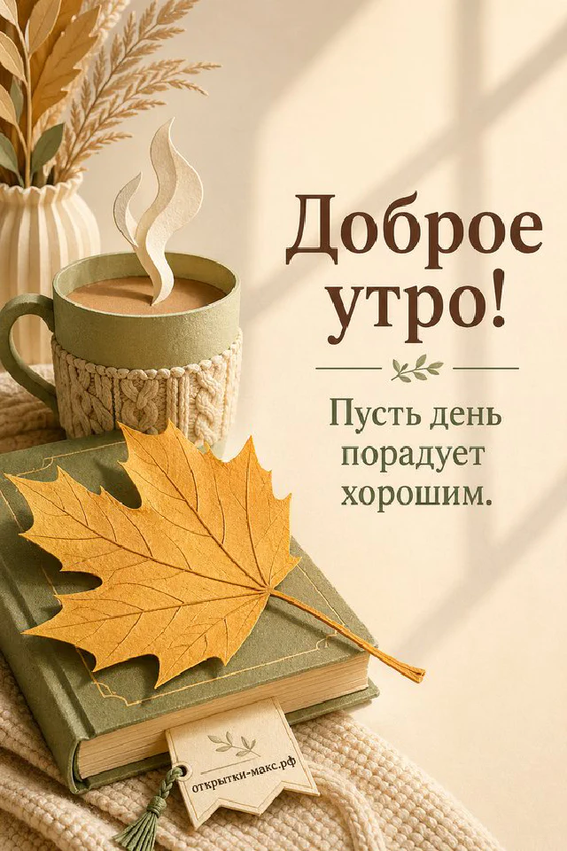 Миска мандаринов, ваза с заснеженными сосновыми ветками и солнечный зимний лес за окном — открытка Доброе утро — вариант 5