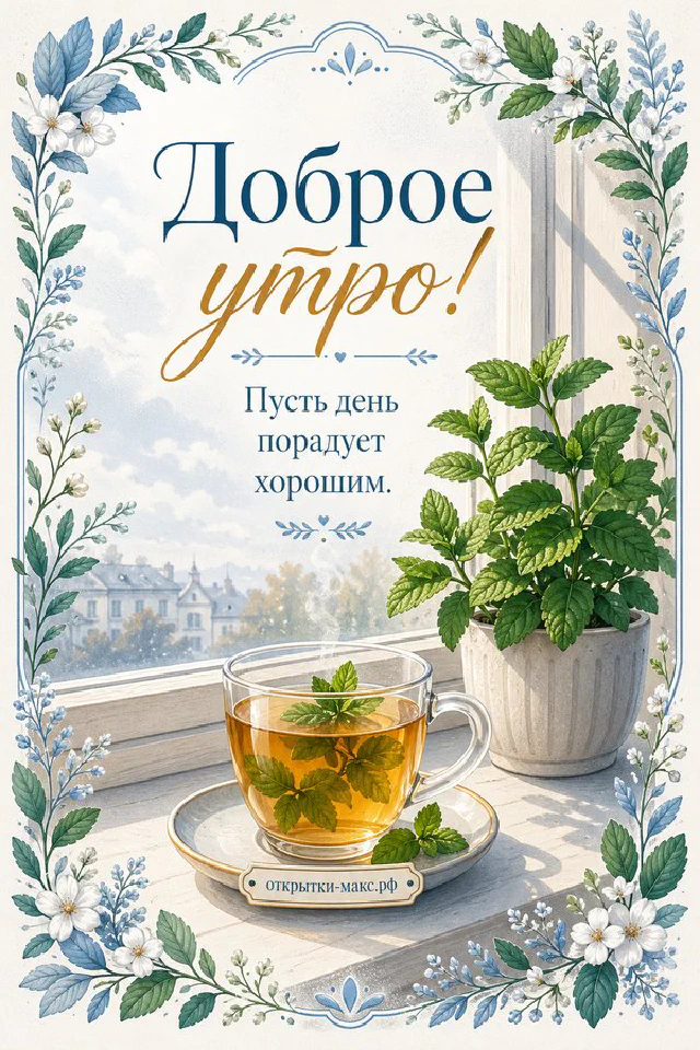 Миска мандаринов, ваза с заснеженными сосновыми ветками и солнечный зимний лес за окном — открытка Доброе утро — вариант 6