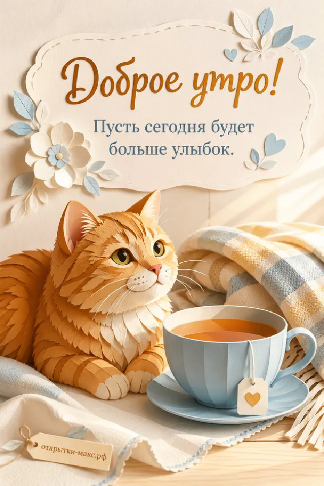 Открытка «Доброе утро» с букетом мимозы в вазе, персиковой чашкой чая и солнечной кружевной шторой — вариант 4