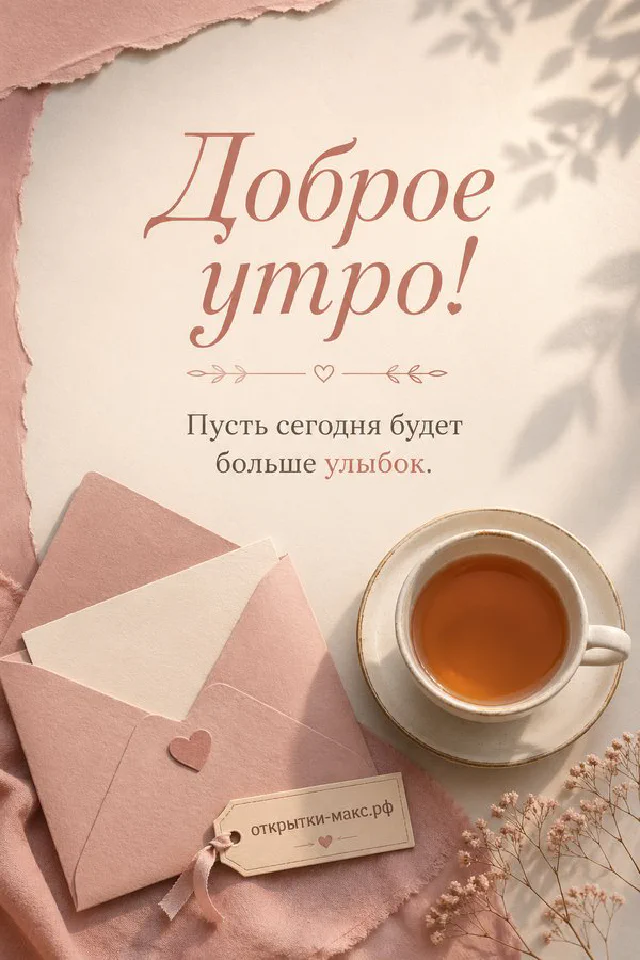 Открытка «Доброе утро» с букетом мимозы в вазе, персиковой чашкой чая и солнечной кружевной шторой — вариант 5