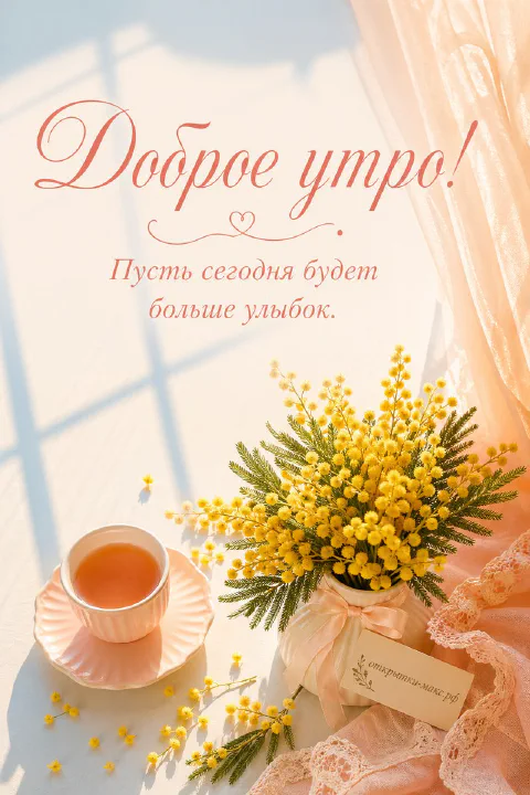 Открытка «Доброе утро» с букетом мимозы в вазе, персиковой чашкой чая и солнечной кружевной шторой
