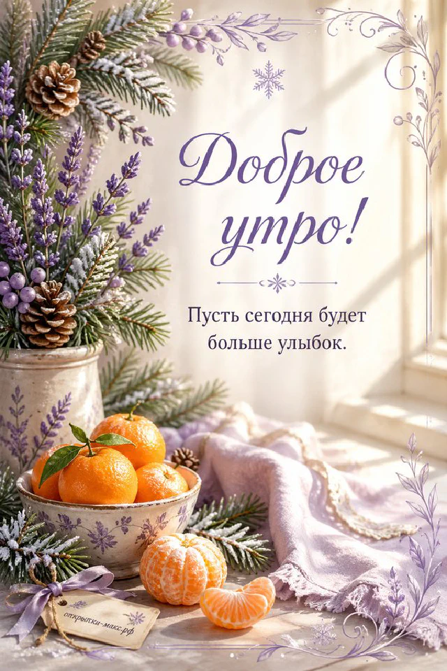 Открытка «Доброе утро» с букетом мимозы в вазе, персиковой чашкой чая и солнечной кружевной шторой — вариант 2