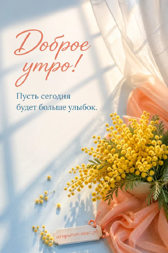 Открытка «Доброе утро» с букетом мимозы в вазе, персиковой чашкой чая и солнечной кружевной шторой — вариант 3