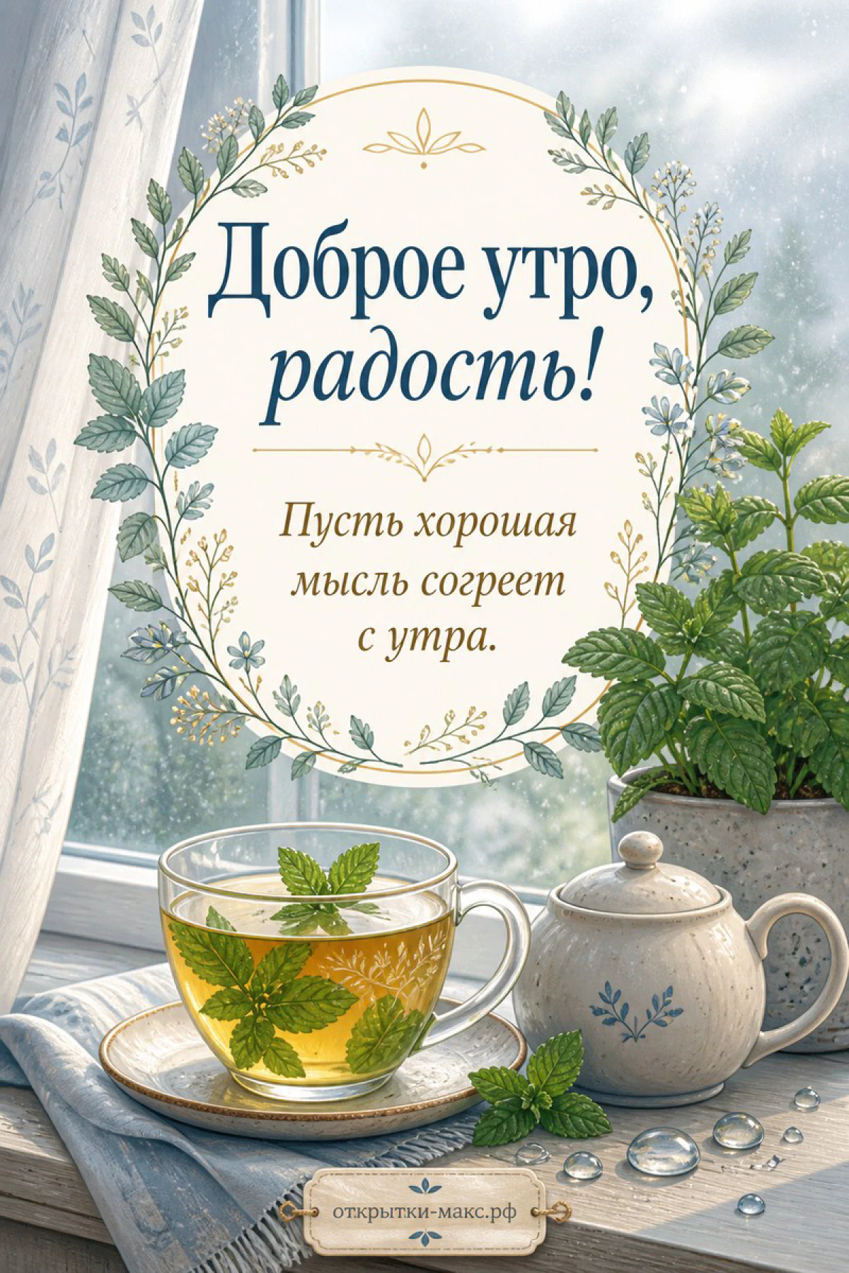 Прозрачная чашка с мятным чаем и белый чайник у окна с каплями дождя, зелёные растения на подоконнике