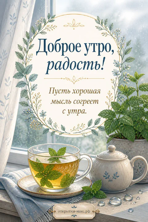 Прозрачная чашка с мятным чаем и белый чайник у окна с каплями дождя, зелёные растения на подоконнике