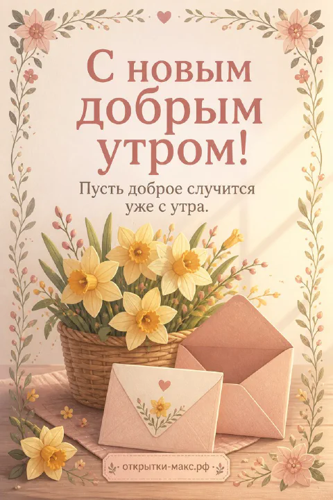 Жёлтые нарциссы в плетёной корзине рядом с крафтовыми конвертами с сердечком в цветочной рамке