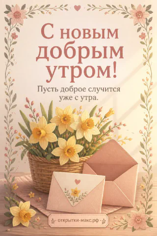 Жёлтые нарциссы в плетёной корзине рядом с крафтовыми конвертами с сердечком в цветочной рамке