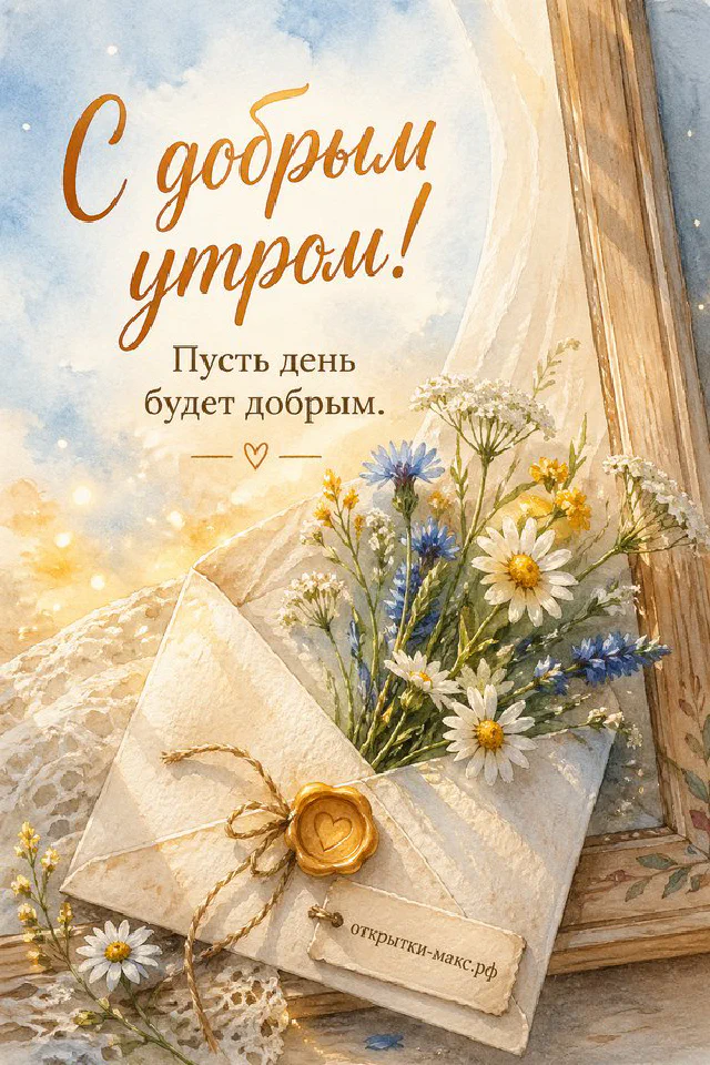 Песочное печенье на голубой тарелке в окружении белых и голубых цветов, надпись «С добрым утром!» — вариант 2