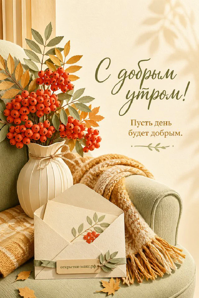 Песочное печенье на голубой тарелке в окружении белых и голубых цветов, надпись «С добрым утром!» — вариант 4