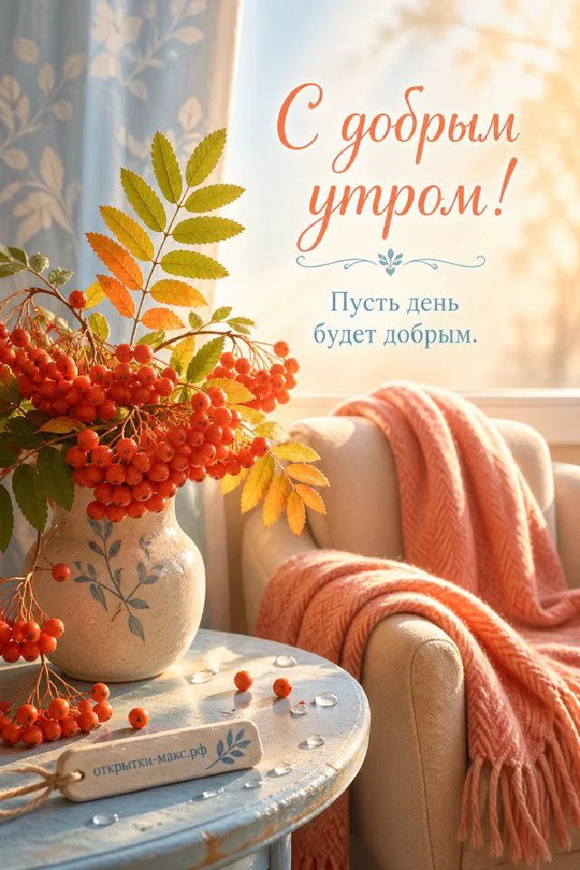 Песочное печенье на голубой тарелке в окружении белых и голубых цветов, надпись «С добрым утром!» — вариант 5