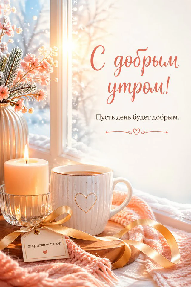 Песочное печенье на голубой тарелке в окружении белых и голубых цветов, надпись «С добрым утром!» — вариант 3